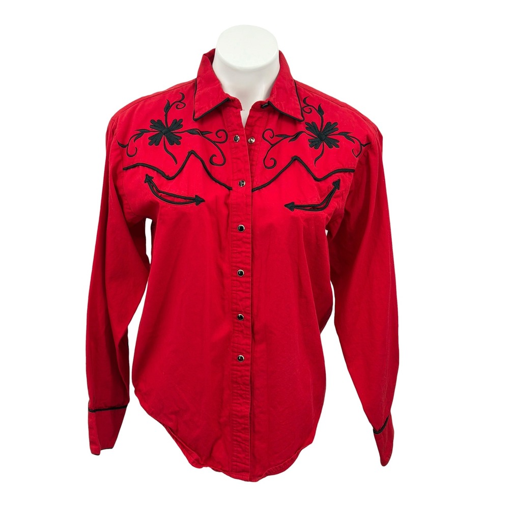 Panhandle Slim Western Shirt Women SZ L Red Floral Embroidery Pearl Snap Rodeo - Picture 3 of 12
